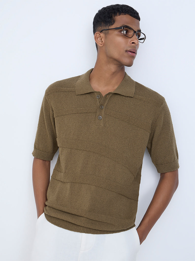ETA Taupe Knit-Textured Relaxed-Fit Cotton Polo T-Shirt - Image 3