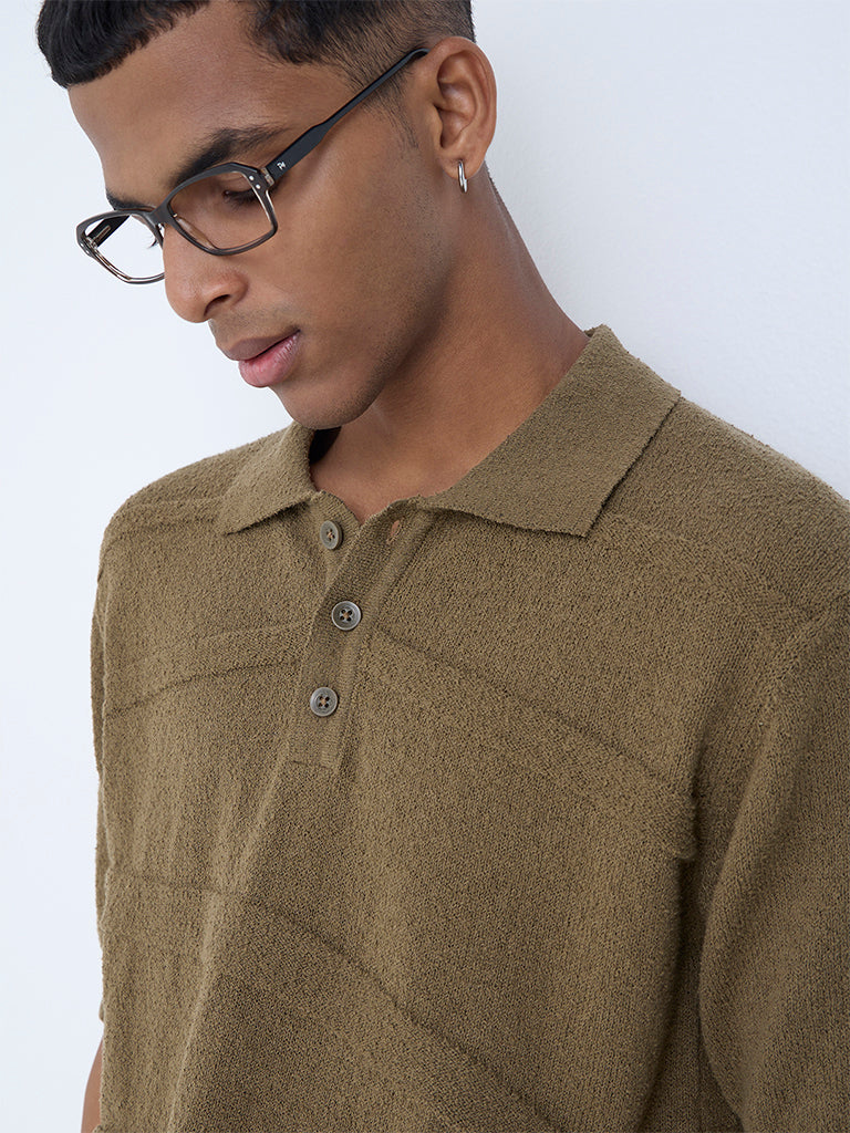 ETA Taupe Knit-Textured Relaxed-Fit Cotton Polo T-Shirt - Image 4