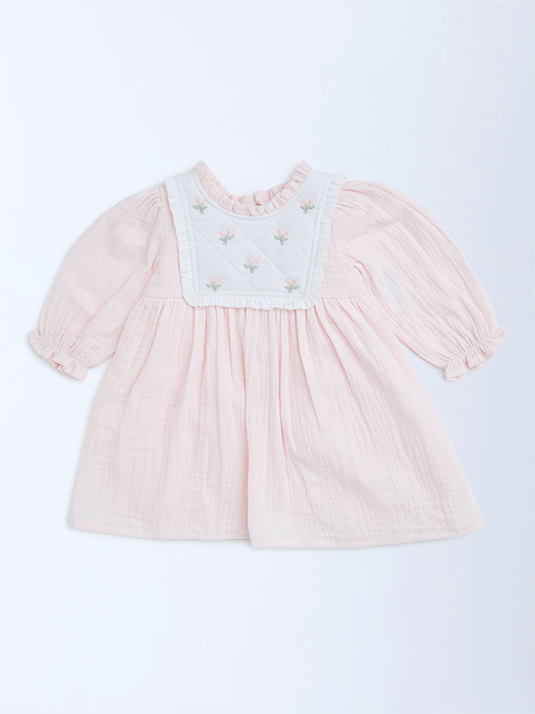 HOP Baby Pink Floral Embroidered Cotton A-Line Dress - Image 2