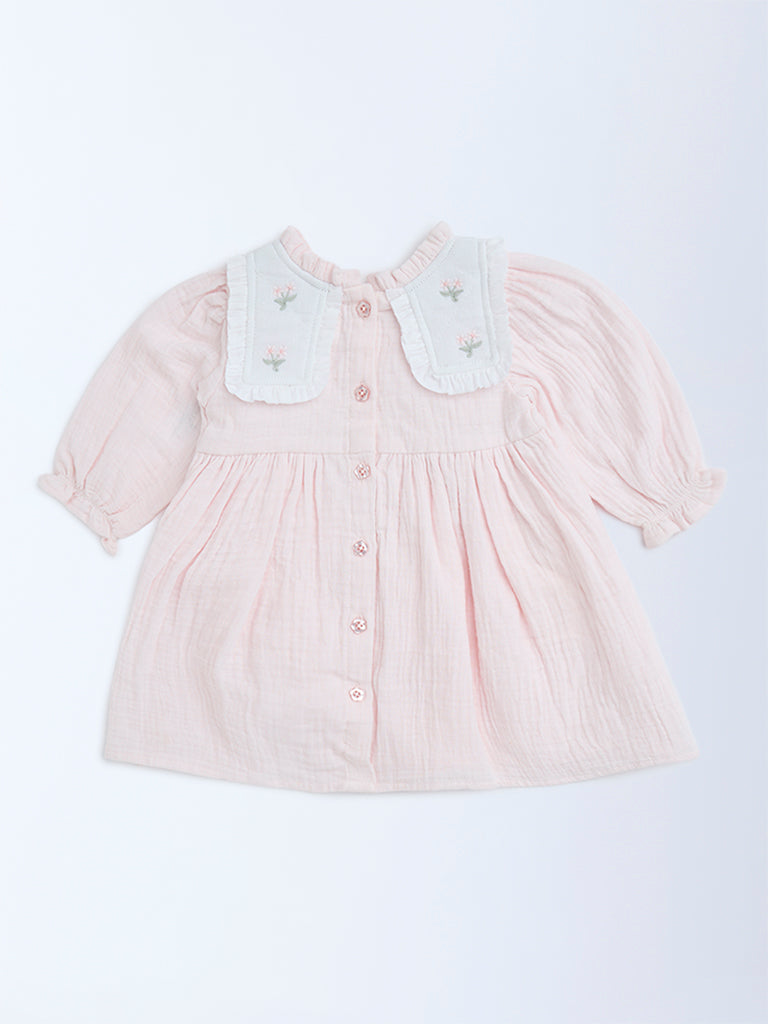 HOP Baby Pink Floral Embroidered Cotton A-Line Dress - Image 3