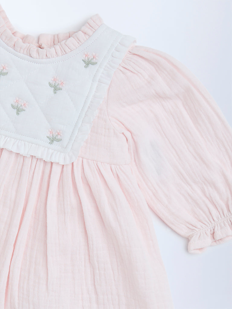 HOP Baby Pink Floral Embroidered Cotton A-Line Dress - Image 4