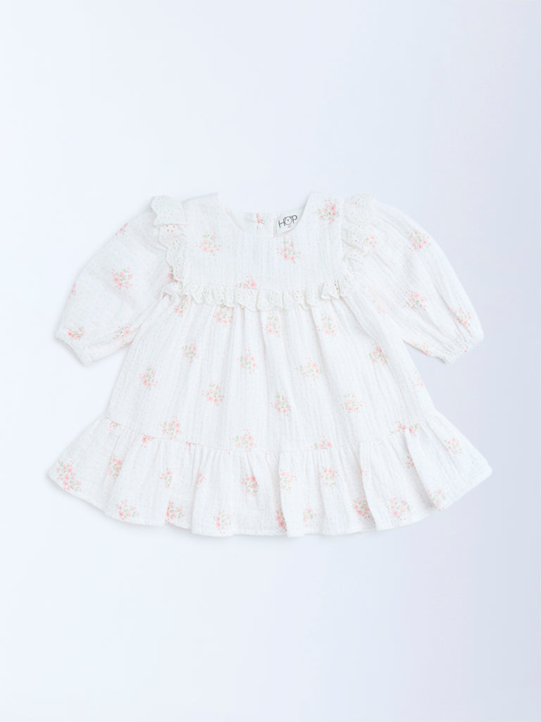 HOP Baby White Floral Design Cotton Tiered Dress - Image 2