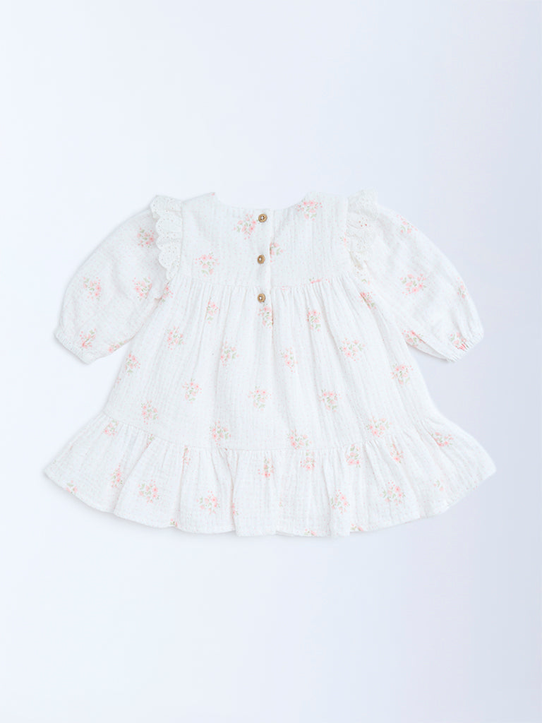 HOP Baby White Floral Design Cotton Tiered Dress - Image 3