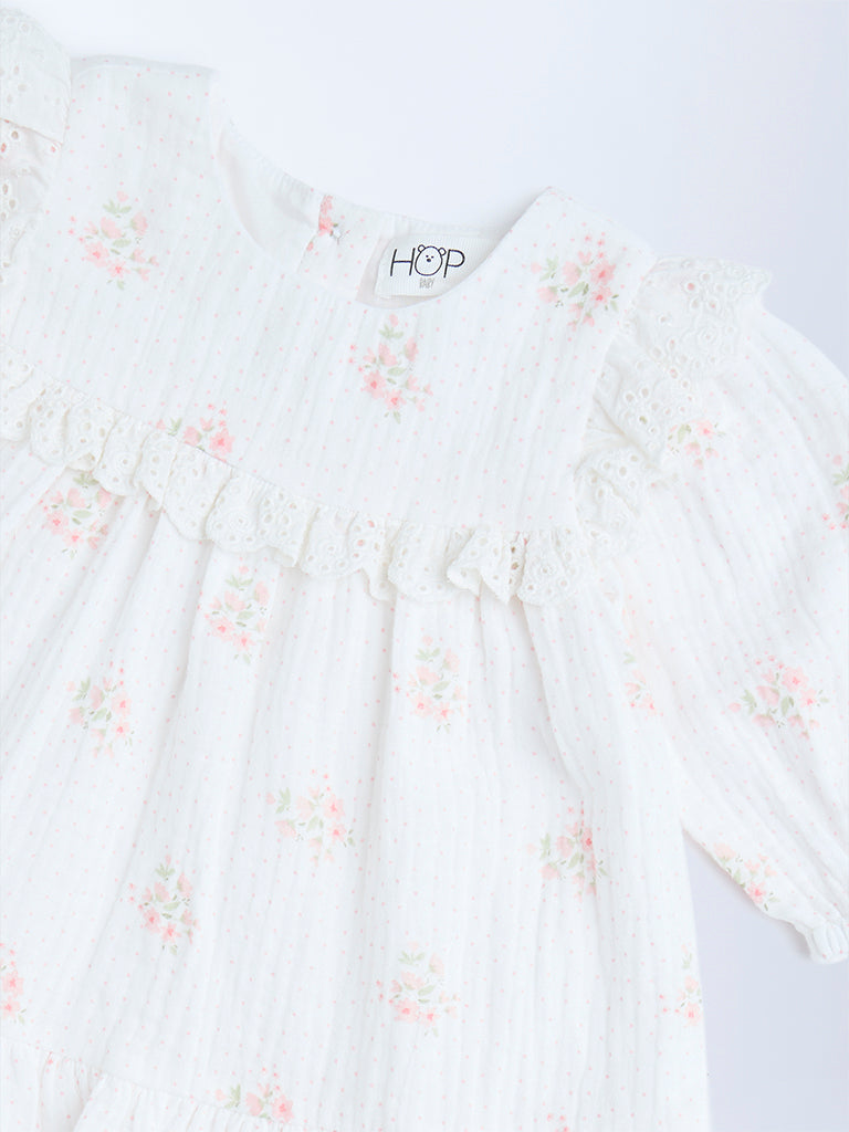HOP Baby White Floral Design Cotton Tiered Dress - Image 4