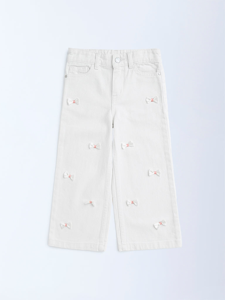 HOP Kids White Bow-Detailed Wide-Leg Mid-Rise Jeans