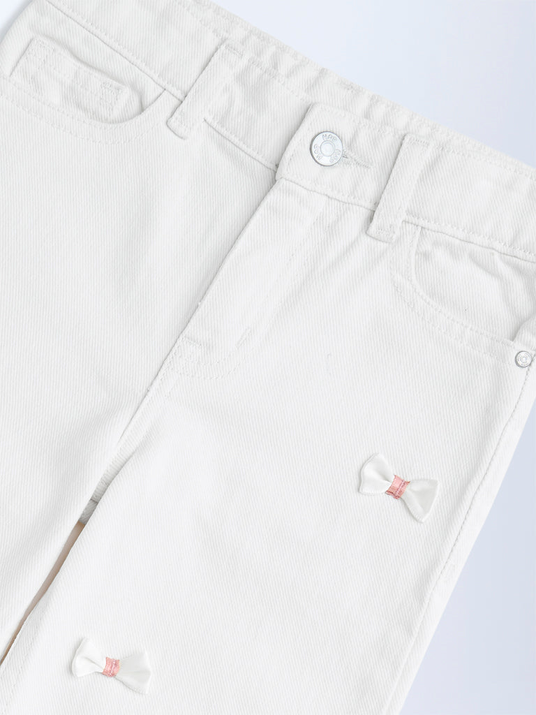 HOP Kids White Bow-Detailed Wide-Leg Mid-Rise Jeans - Image 3