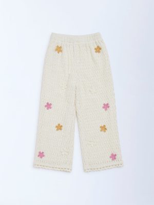 HOP Kids Off-White Floral Applique-Detailed High-Rise Cotton Pants