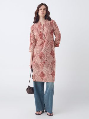 Utsa Rust Printed Cotton Straight Kurta