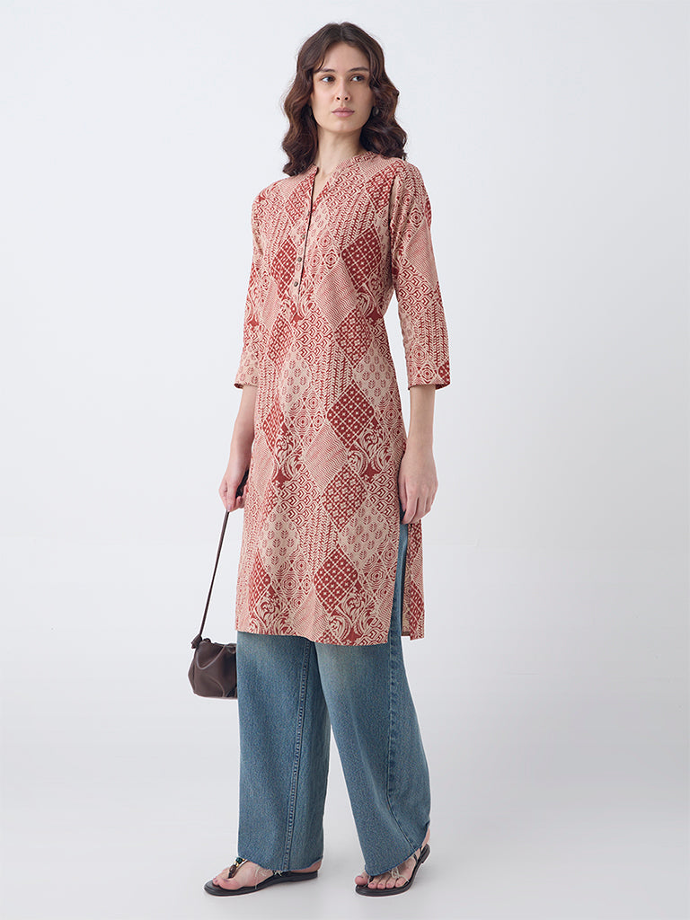 Utsa Rust Printed Cotton Straight Kurta - Image 2