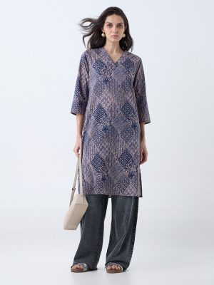 Utsa Indigo Printed Cotton Straight Kurta