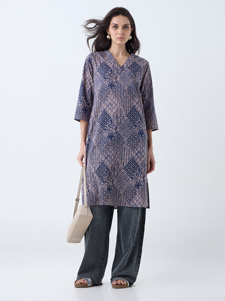 Utsa Indigo Printed Cotton Straight Kurta