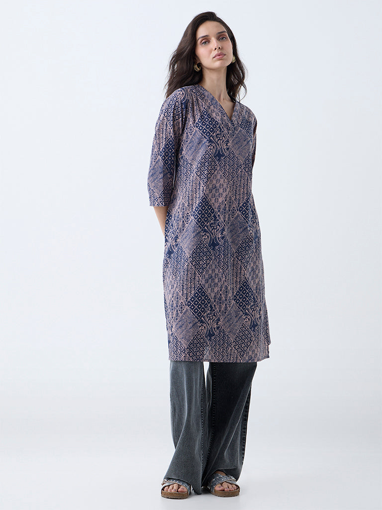 Utsa Indigo Printed Cotton Straight Kurta - Image 2