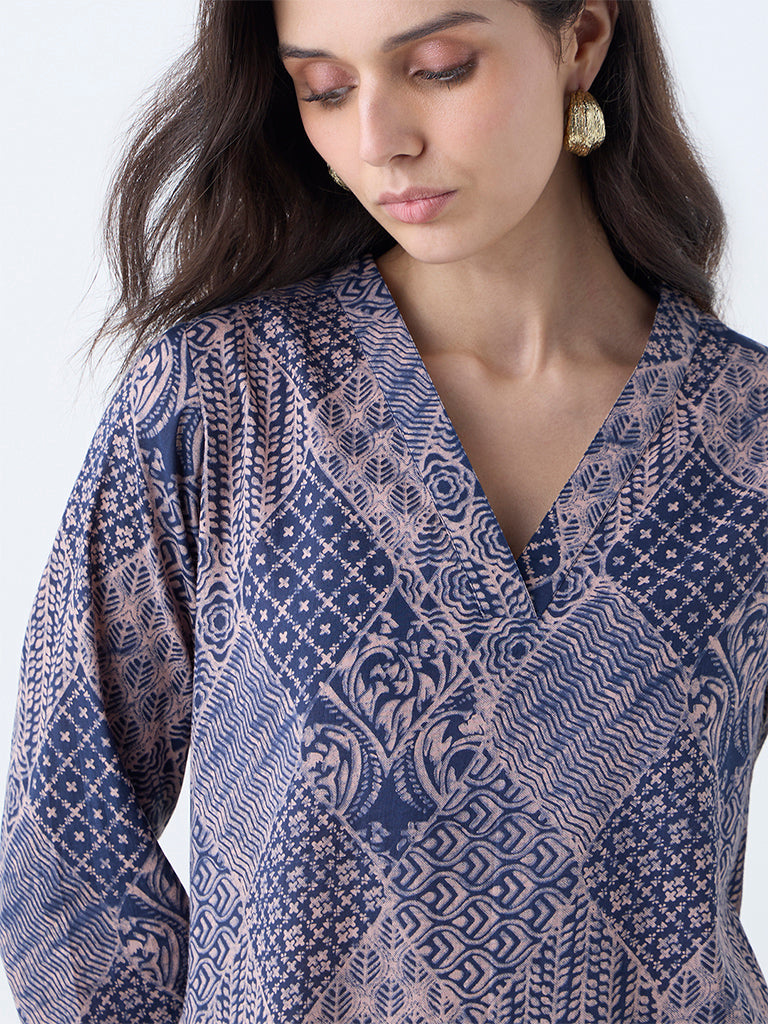 Utsa Indigo Printed Cotton Straight Kurta - Image 3