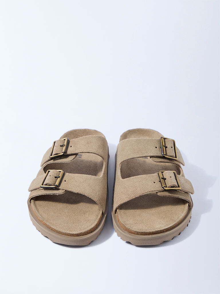 SOLEPLAY Taupe Slip-On Suede Leather Sandals - Image 3