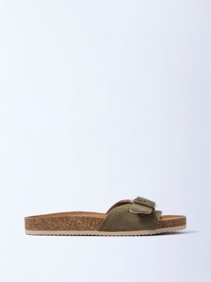 LUNA BLU Olive Suede Buckle-Detail Sandals