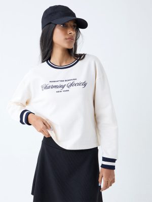 Studiofit Cream Text Detailed Cotton Sweatshirt