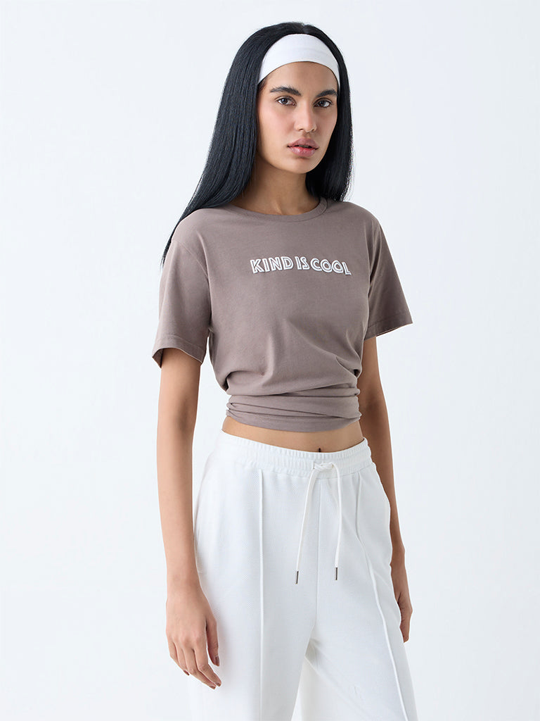 Studiofit Taupe Typographic Cotton T-Shirt
