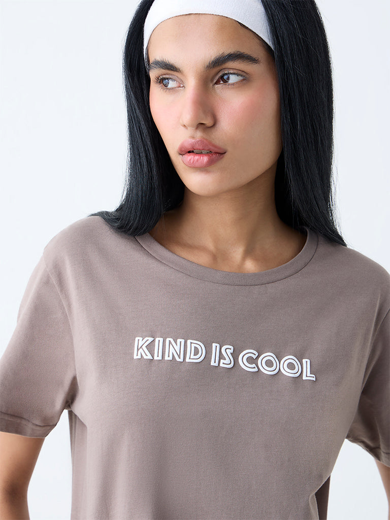 Studiofit Taupe Typographic Cotton T-Shirt - Image 3