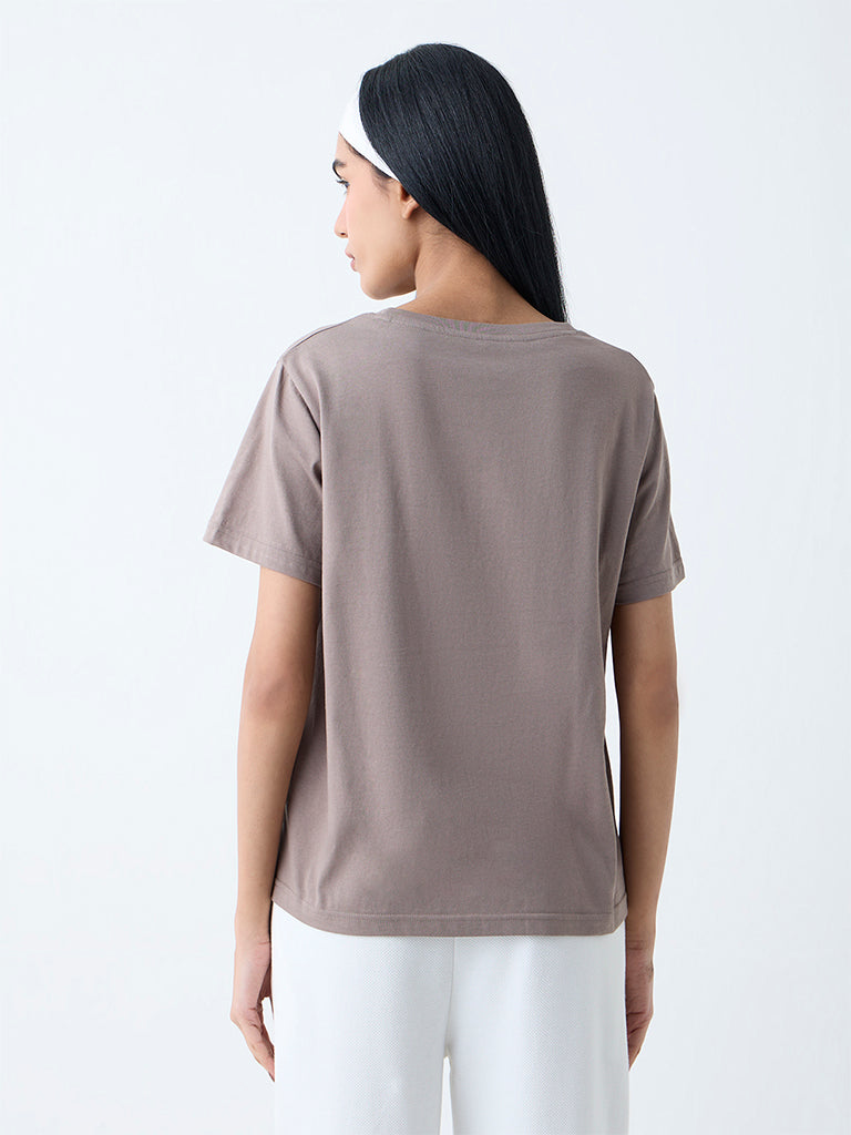 Studiofit Taupe Typographic Cotton T-Shirt - Image 4