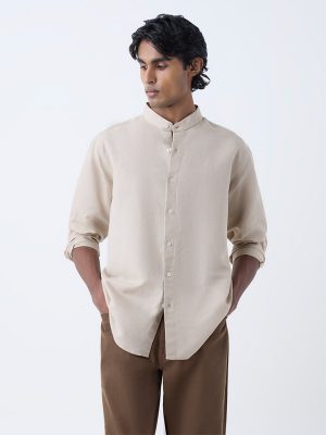 Ascot Beige Solid Relaxed-Fit Linen-Blend Shirt