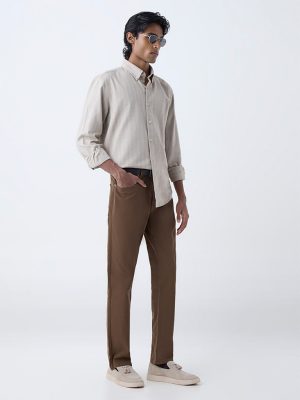Ascot Beige Self-Striped Relaxed-Fit Cotton-Blend Shirt
