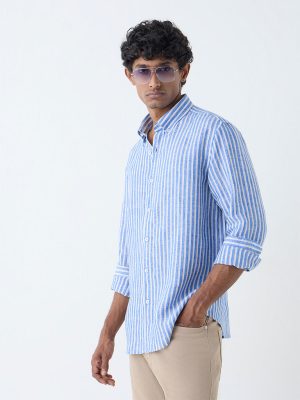 Ascot Blue Striped Relaxed-Fit Linen Shirt