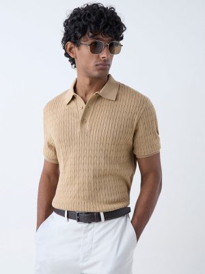 Ascot Beige Cable-Knit Relaxed-Fit Cotton Polo T-Shirt
