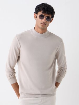 WES Formals Beige Solid Slim-Fit Sweater