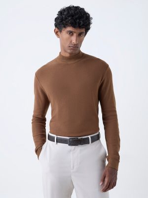 WES Formals Brown Solid Relaxed-Fit Sweater