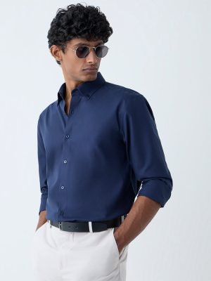WES Formals Navy Solid Slim Fit Cotton Shirt