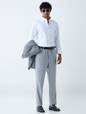WES Formals White Solid Slim Fit Cotton Shirt
