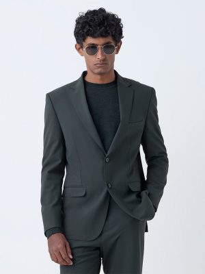WES Formals Dark Green Solid Slim-Fit Blazer