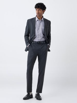 WES Formals Dark Grey Slim-Fit Mid-Rise Trousers