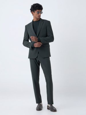 WES Formals Dark Green Solid Slim-Fit Mid-Rise Trousers