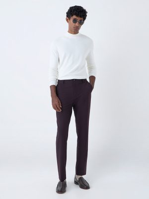 WES Formals Wine Solid Slim-Fit Mid-Rise Trousers