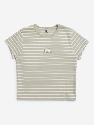Y&F Kids Beige Stripe Printed Cotton-Blend T-Shirt