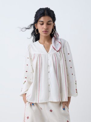 Bombay Paisley Off-White Embroidered Cotton Top