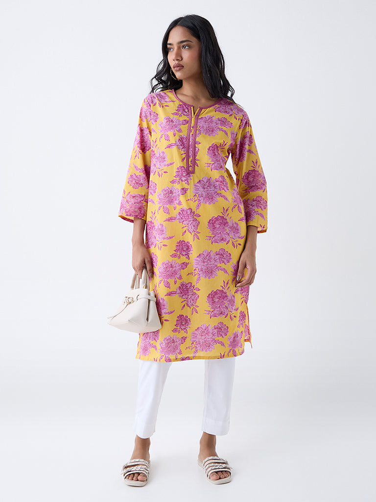 Utsa Yellow Floral Detailed Cotton Straight Kurta