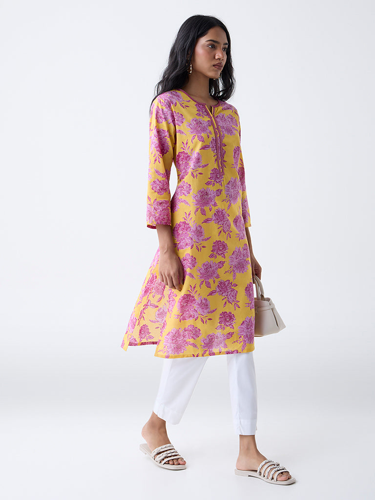 Utsa Yellow Floral Detailed Cotton Straight Kurta - Image 2