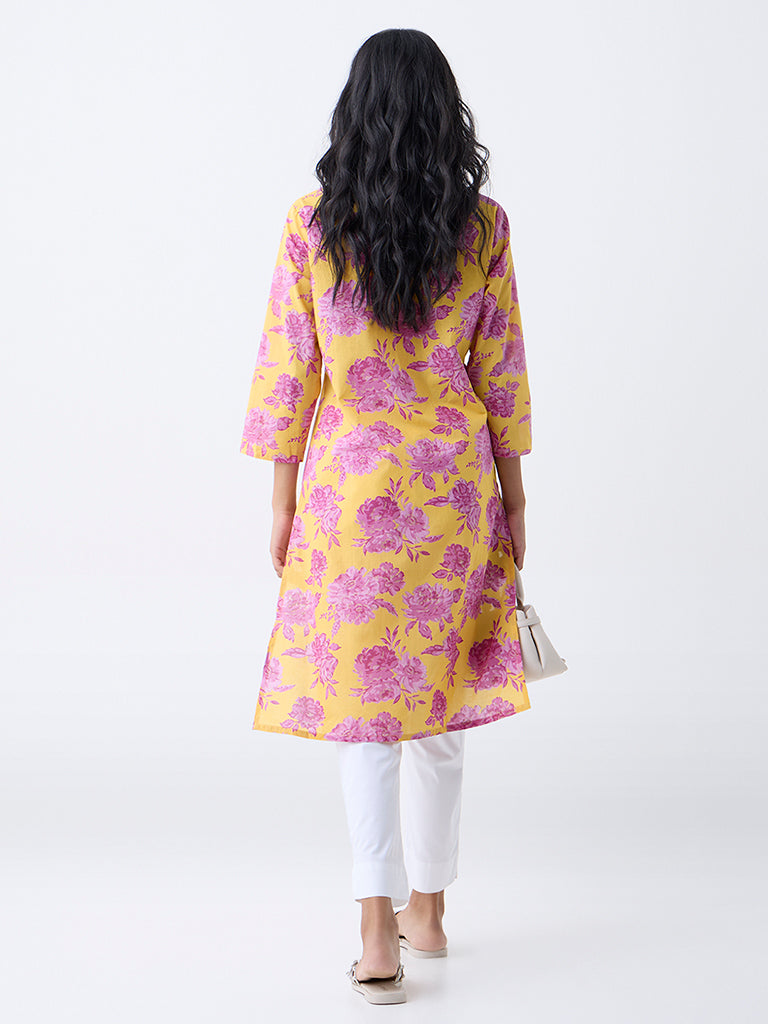 Utsa Yellow Floral Detailed Cotton Straight Kurta - Image 4