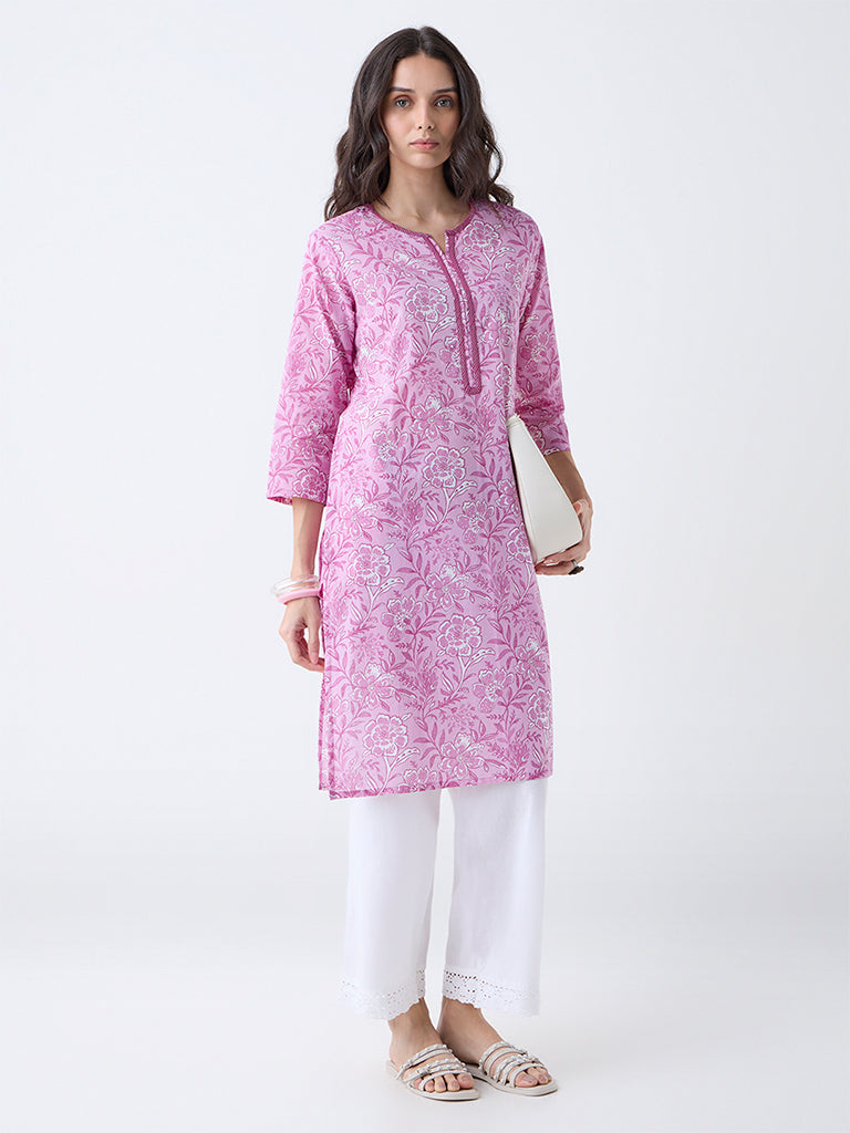 Utsa Purple Floral Pattern Cotton-Blend Straight Kurta - Image 2