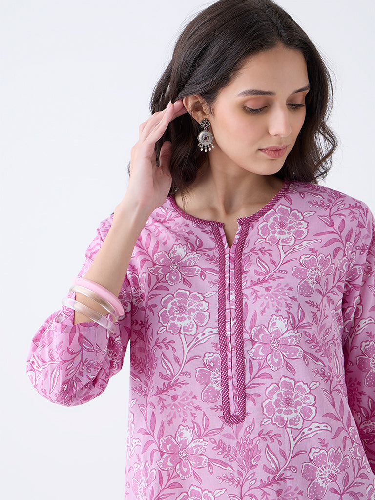 Utsa Purple Floral Pattern Cotton-Blend Straight Kurta - Image 3