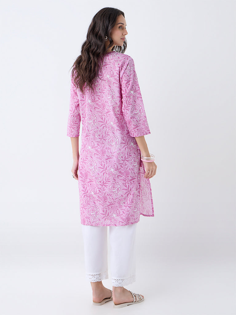 Utsa Purple Floral Pattern Cotton-Blend Straight Kurta - Image 4