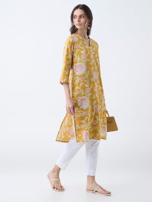 Utsa Mustard Floral Printed Cotton Straight Kurta