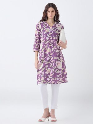 Utsa Purple Floral Pattern Cotton Straight Kurta