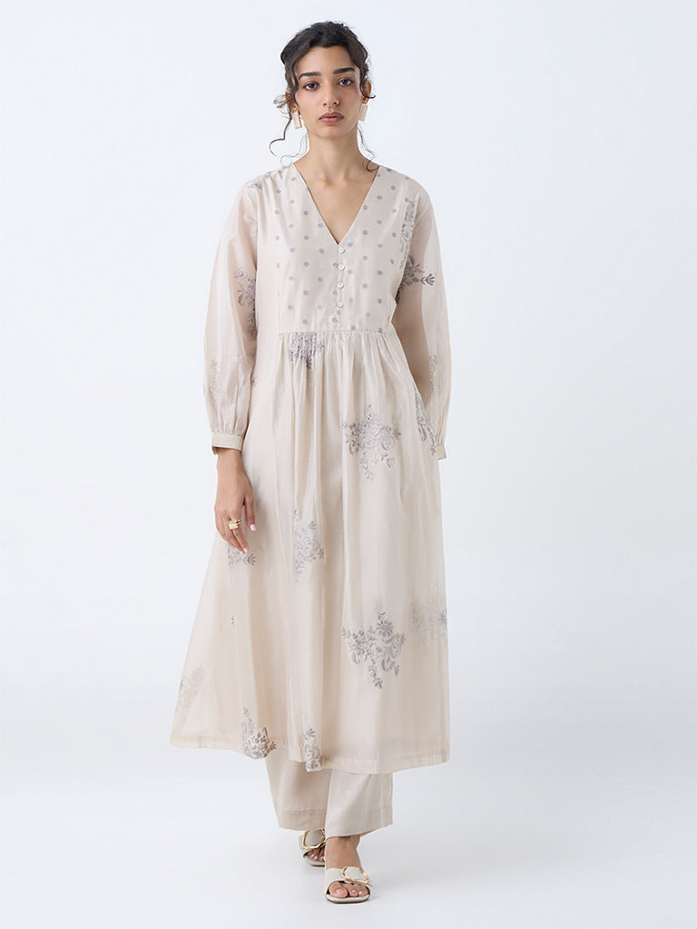 Zuba Beige Floral Embroidered Anarkali Kurta