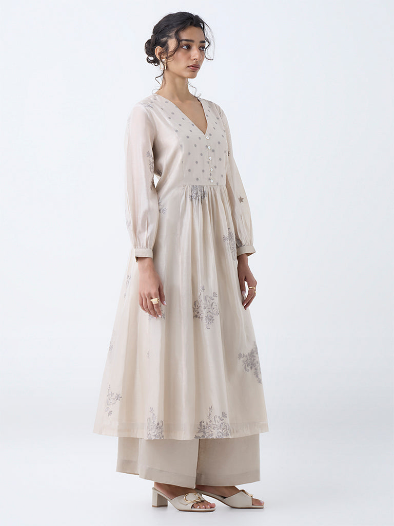 Zuba Beige Floral Embroidered Anarkali Kurta - Image 2