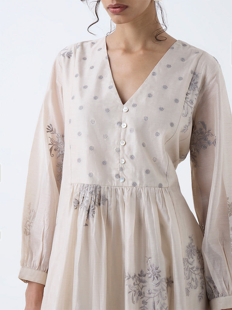 Zuba Beige Floral Embroidered Anarkali Kurta - Image 3