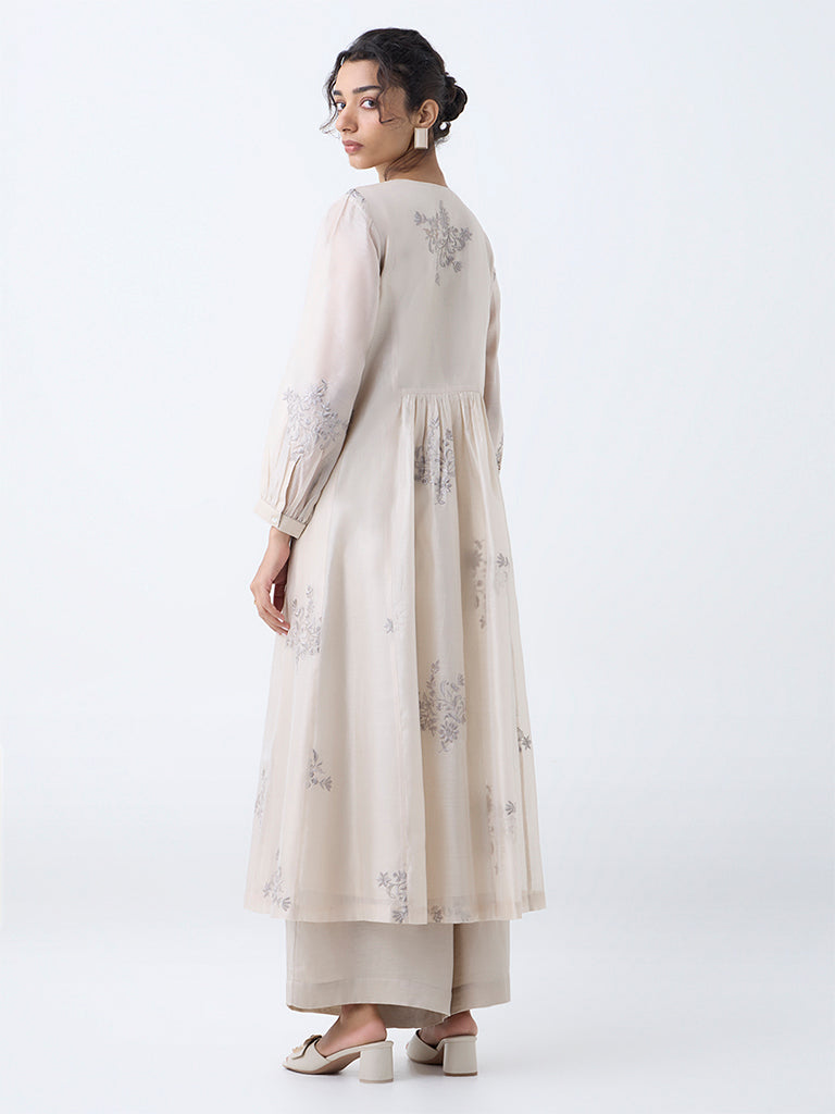 Zuba Beige Floral Embroidered Anarkali Kurta - Image 4