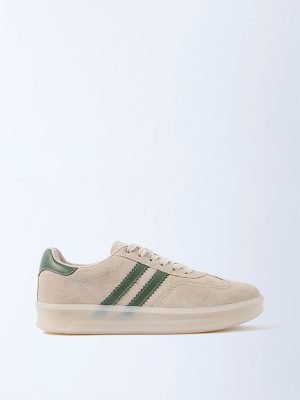 LUNA BLU Beige Striped Suede Lace-Up Leather Sneakers